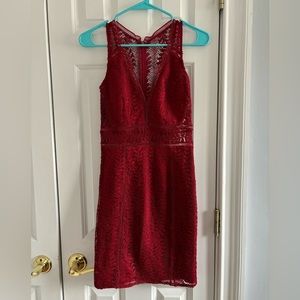 Burgundy Red Lace Mini Dress V-Neck with Padding